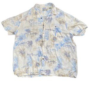 Vintage Men Batik Bay Blue Palm Trees Fish Hawaiian Button Shirt size XXL